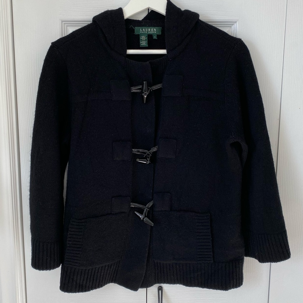 Ralph Lauren 100% Lambswool Toggle Front Sweater in black pockets kimono sleeve